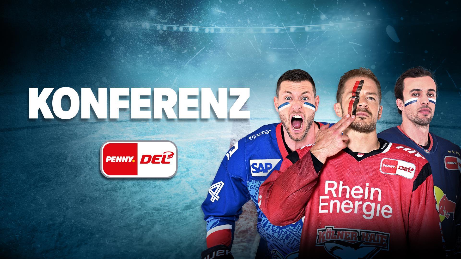 Werbegrafik PENNY DEL mit Spielertraube auf Eishockey-Hintergrund